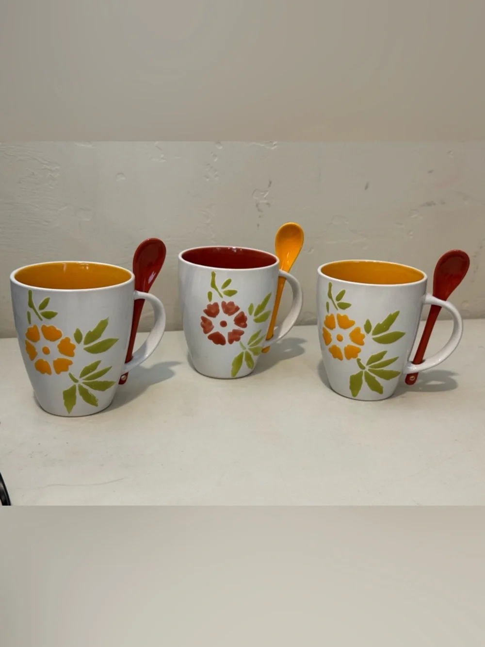 Lot Of 3 Pier 1 Stoneware Coffee Mugs 14 oz White w/ Spoons Fowers Hand painted